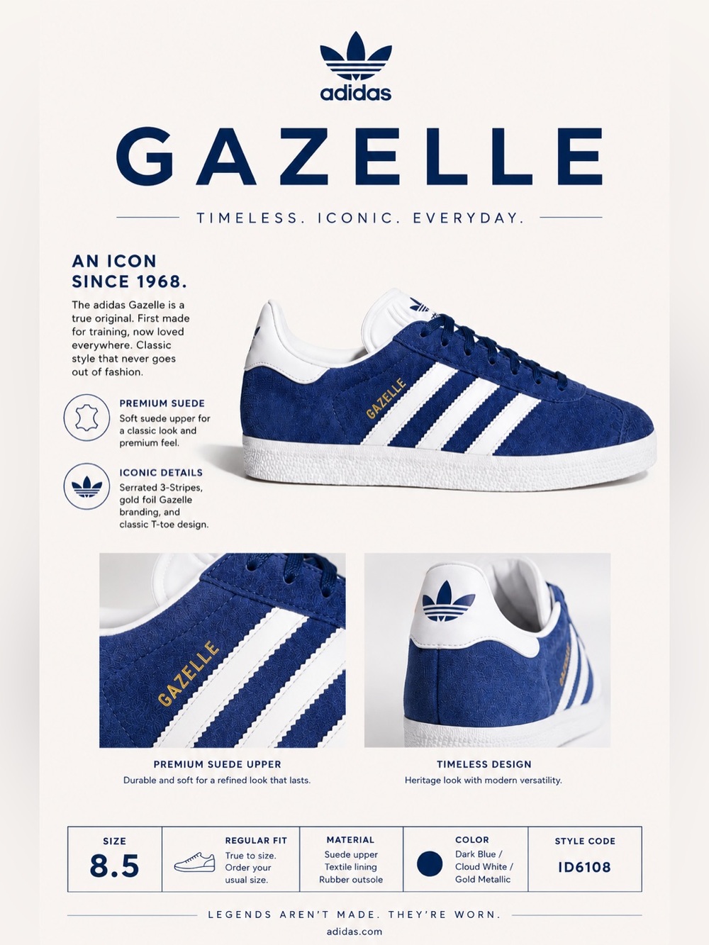 adidas GAZELLE sneakers classics size blue white Mens 7.5  OR   8.5 Womens Retro